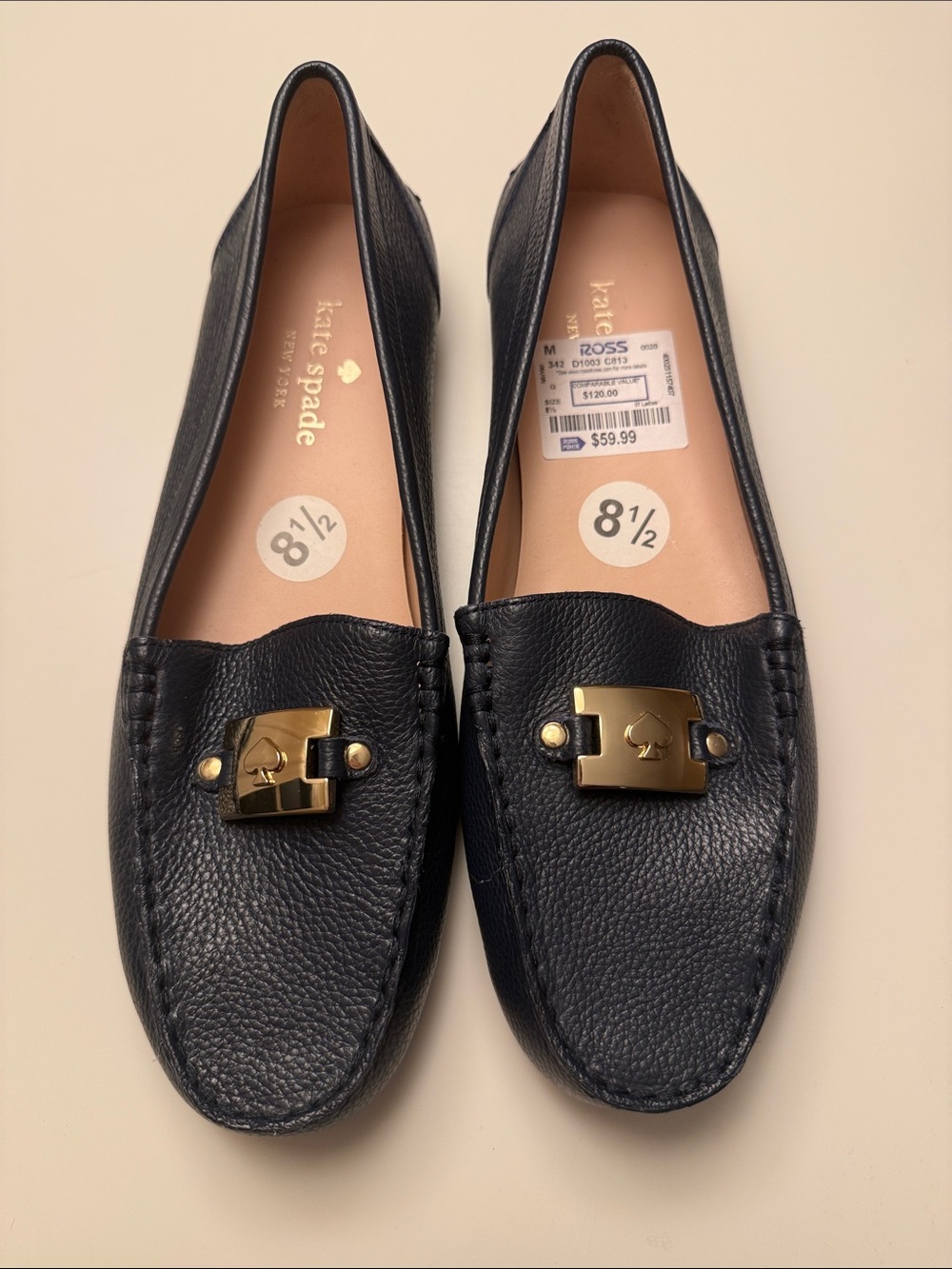 kate spade Navy Pebbled Leather Slip-On Loafers with Gold-Tone Hardware